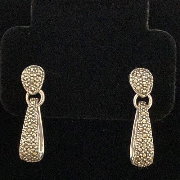 925 Sterling Silver Marcasite Dangle Earrings - Picture 1 of 8